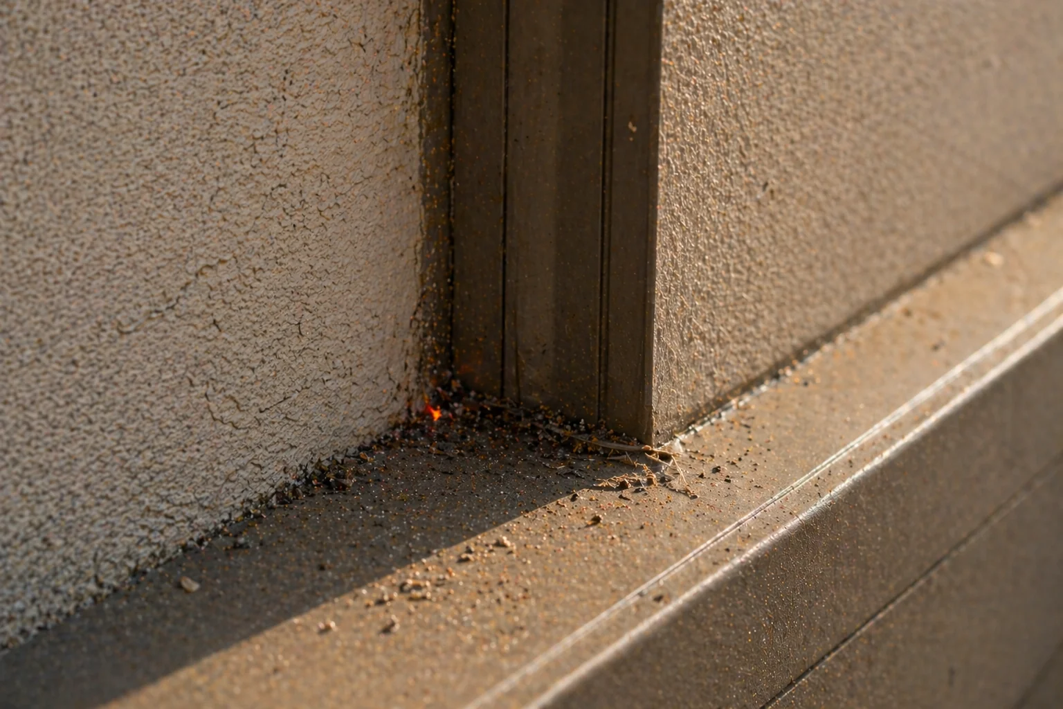 A glowing ember resting in the corner where a stucco wall meets a wooden door frame, surrounded by ash and debris