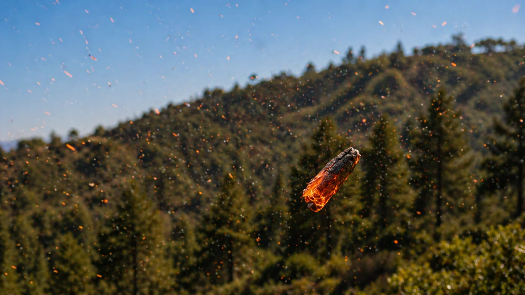 A glowing ember airborne above a forested hillside, surrounded by sparks