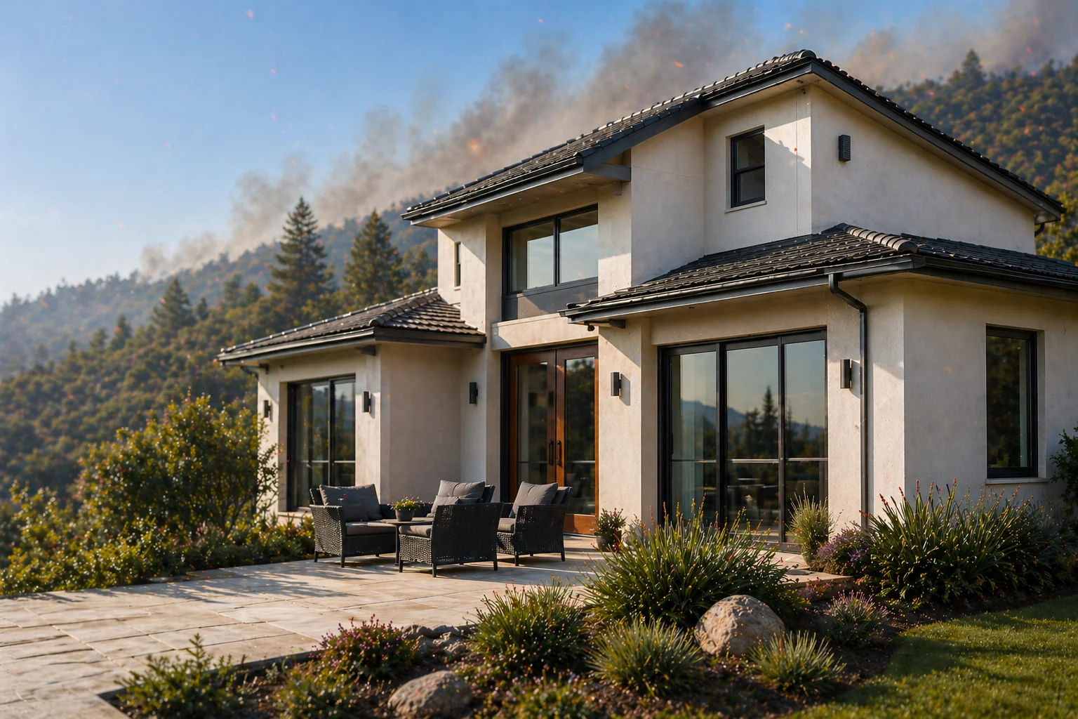 A modern California home that looks well-built and home-hardened, with smoke rising from a wildfire on the hillside behind it