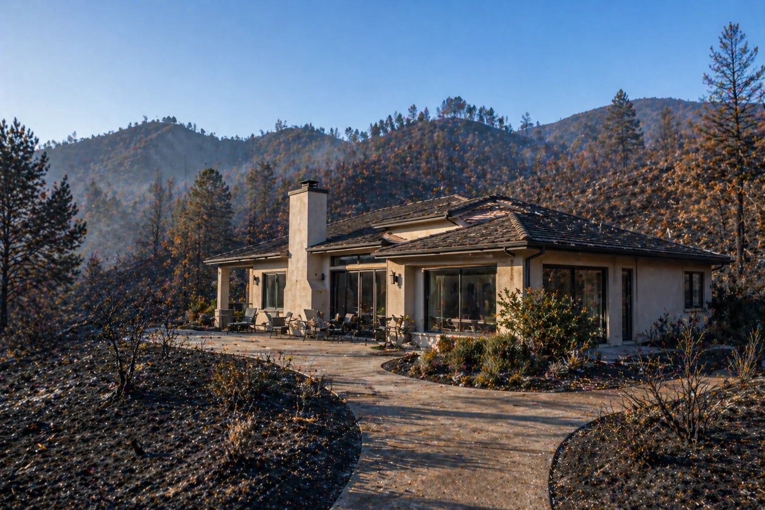 A home left intact after a wildfire, with charred hillsides and burned vegetation surrounding it