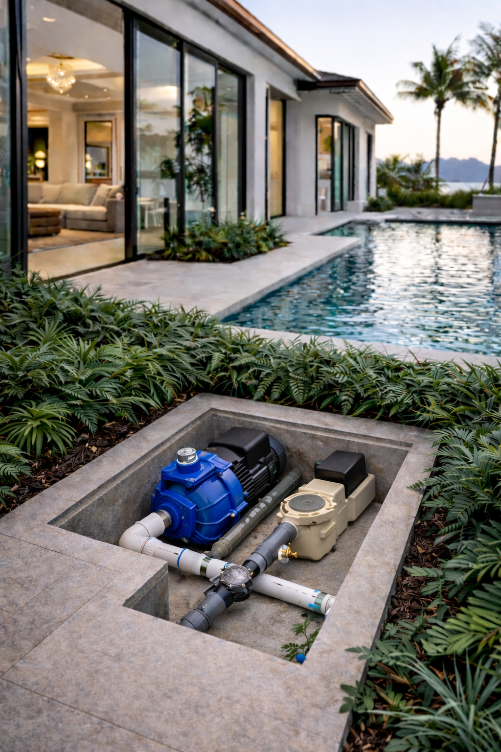 Electric pool pump installed by pool