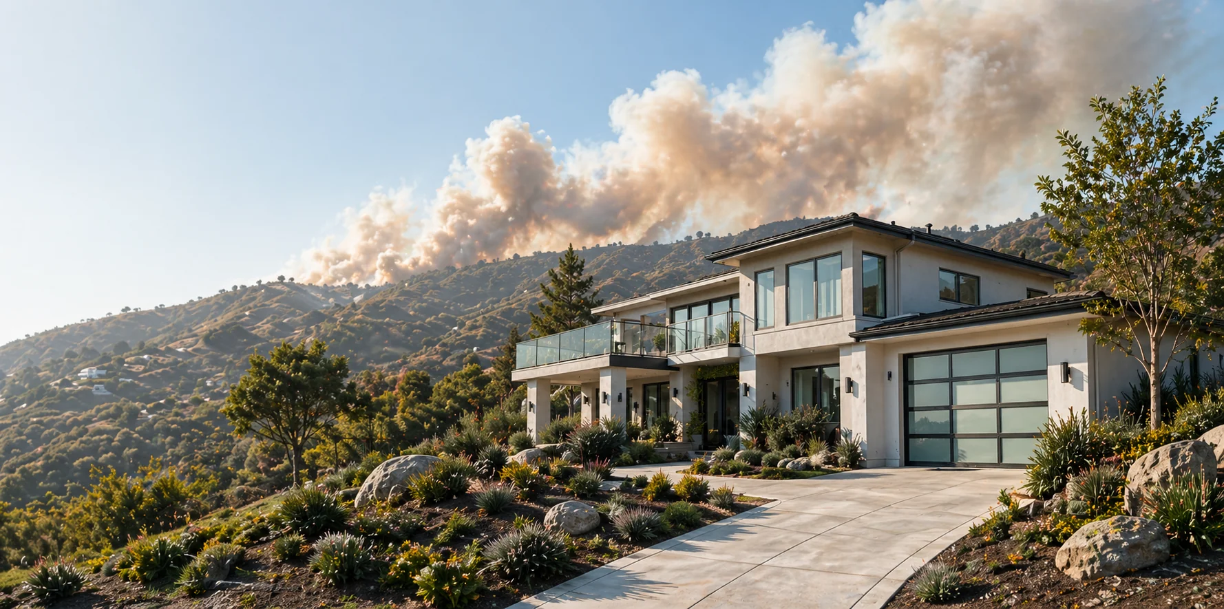 Malibu home on a hillside with wildfire smoke rising on the ridge behind it